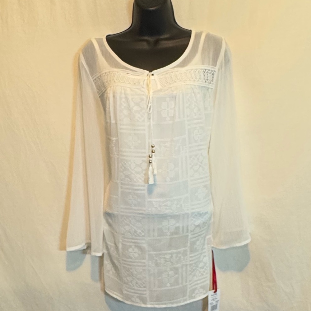 H-163 Ruby Rd. NWT PLUS SIZE 14 White Embroidered Lined 3/4 Sleeve Blouse